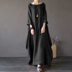 Buddha Stones Solid Color Three Quarter Sleeve Cotton Women's Maxi Dress - Black - US16，UK/AU20，EU48 (5XL) - image 12