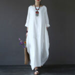 Buddha Stones Solid Color Three Quarter Sleeve Cotton Women's Maxi Dress - White - US16，UK/AU20，EU48 (5XL) - image 1
