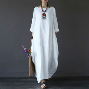 Buddha Stones Solid Color Three Quarter Sleeve Cotton Women's Maxi Dress - White - US16，UK/AU20，EU48 (5XL) - image 1