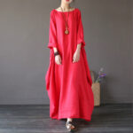 Buddha Stones Solid Color Three Quarter Sleeve Cotton Women's Maxi Dress - Red - US16，UK/AU20，EU48 (5XL) - image 6