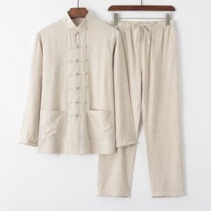 Buddha Stones 2Pcs Tang Suit Frog-Button Long Sleeve Shirt Pants Linen Cotton Men's Set