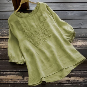 Buddha Stones Casual Embroidery Half Puff Sleeve Ruffles Crew Neck Cotton Linen Women's T-Shirt