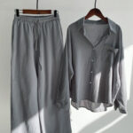 Buddha Stones 2Pcs Long Sleeve Shirt Top With Pockets Drawstring Pants Meditation Cotton Linen Clothing Women's Set - Gray - US20，UK/AU24，EU52 (5XL) - image 12