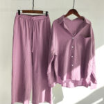 Buddha Stones 2Pcs Long Sleeve Shirt Top With Pockets Drawstring Pants Meditation Cotton Linen Clothing Women's Set - PaleVioletRed - US20，UK/AU24，EU52 (5XL) - image 13