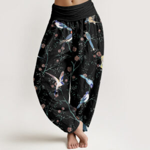 Buddha Stones Casual Bird Flowers Leaf Pattern Women's Elastic Waist Harem Pants - Black - US22，UK/AU26，EU54 (6XL) - image 1