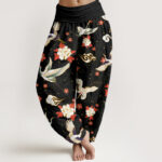 Buddha Stones Casual Red-Crowned Crane Peony Flower Cherry Blossom Pattern Women's Elastic Waist Harem Pants - Black - US22，UK/AU26，EU54 (6XL) - image 1