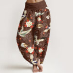 Buddha Stones Casual Red-Crowned Crane Peony Flower Cherry Blossom Pattern Women's Elastic Waist Harem Pants - SaddleBrown - US22，UK/AU26，EU54 (6XL) - image 5