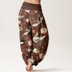 Buddha Stones Casual Red-Crowned Crane Peony Flower Cherry Blossom Pattern Women's Elastic Waist Harem Pants - image 7