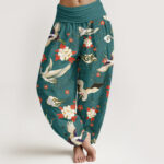 Buddha Stones Casual Red-Crowned Crane Peony Flower Cherry Blossom Pattern Women's Elastic Waist Harem Pants - DarkCyan - US22，UK/AU26，EU54 (6XL) - image 8