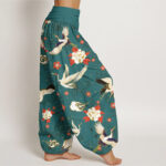 Buddha Stones Casual Red-Crowned Crane Peony Flower Cherry Blossom Pattern Women's Elastic Waist Harem Pants - image 9