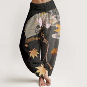 Buddha Stones Casual Folding Fan Flowers Maple Leaves Cloud Pattern Women's Elastic Waist Harem Pants - Black - US22，UK/AU26，EU54 (6XL) - image 1