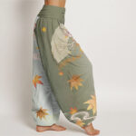 Buddha Stones Casual Folding Fan Flowers Maple Leaves Cloud Pattern Women's Elastic Waist Harem Pants - image 6
