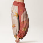 Buddha Stones Casual Folding Fan Flowers Maple Leaves Cloud Pattern Women's Elastic Waist Harem Pants - image 10