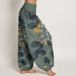 Buddha Stones Yellow Flowers Green Leaves Design Women's Elastic Waist Harem Pants - image 3