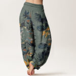 Buddha Stones Yellow Flowers Green Leaves Design Women's Elastic Waist Harem Pants - image 2
