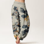 Buddha Stones Yellow Flowers Green Leaves Design Women's Elastic Waist Harem Pants - image 9