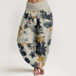 Buddha Stones Yellow Flowers Green Leaves Design Women's Elastic Waist Harem Pants - Beige - US22，UK/AU26，EU54 (6XL) - image 8