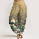 Buddha Stones Casual Wave Moon Mountain Pattern Women's Elastic Waist Harem Pants - Wheat - US22，UK/AU26，EU54 (6XL) - image 8