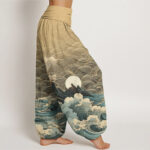 Buddha Stones Casual Wave Moon Mountain Pattern Women's Elastic Waist Harem Pants - image 9