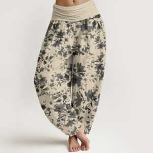 Buddha Stones Leaves Design Women's Elastic Waist Harem Pants - Beige - US22，UK/AU26，EU54 (6XL) - image 1