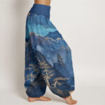 Buddha Stones Casual Full Moon Mountains Trees River Pattern Women's Elastic Waist Harem Pants - image 2