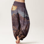 Buddha Stones Casual Full Moon Mountains Trees River Pattern Women's Elastic Waist Harem Pants - image 7