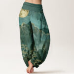 Buddha Stones Casual Full Moon Mountains Trees River Pattern Women's Elastic Waist Harem Pants - image 10
