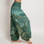 Buddha Stones Casual Full Moon Mountains Trees River Pattern Women's Elastic Waist Harem Pants - image 9