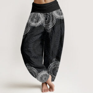 Buddha Stones Circular Mandala Design Women's Elastic Waist Harem Pants - Black - US22，UK/AU26，EU54 (6XL) - image 1