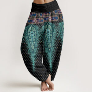 Buddha Stones Bohemian-inspired Feathers Design Women's Elastic Waist Harem Pants - Black - US22，UK/AU26，EU54 (6XL) - image 1