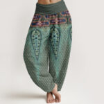 Buddha Stones Bohemian-inspired Feathers Design Women's Elastic Waist Harem Pants - DarkSeaGreen - US22，UK/AU26，EU54 (6XL) - image 5
