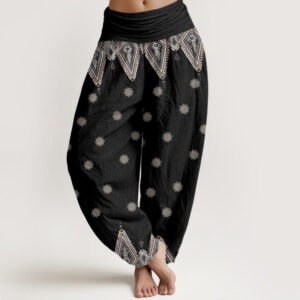 Buddha Stones Bohemian Geometric Floral Design Women's Elastic Waist Harem Pants - Black - US22，UK/AU26，EU54 (6XL) - image 1