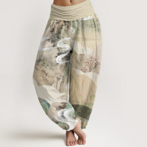Buddha Stones Chinese Landscape Mountains Rivers Mist Design Women's Elastic Waist Harem Pants - Beige - US22，UK/AU26，EU54 (6XL) - image 1