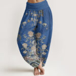 Buddha Stones Peacocks Yellow Flowers Design Women's Elastic Waist Harem Pants - RoyalBlue - US22，UK/AU26，EU54 (6XL) - image 5