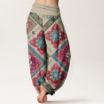 Buddha Stones Diamond-shaped Geometric Floral Design Women's Elastic Waist Harem Pants - image 2