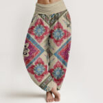 Buddha Stones Diamond-shaped Geometric Floral Design Women's Elastic Waist Harem Pants - Beige - US22，UK/AU26，EU54 (6XL) - image 1