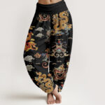 Buddha Stones Golden Dragons Auspicious Clouds Design Women's Elastic Waist Harem Pants - Black - US22，UK/AU26，EU54 (6XL) - image 1