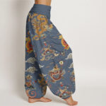 Buddha Stones Golden Dragons Auspicious Clouds Design Women's Elastic Waist Harem Pants - image 7