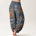 Buddha Stones Golden Dragons Auspicious Clouds Design Women's Elastic Waist Harem Pants - image 6
