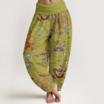Buddha Stones Golden Dragons Auspicious Clouds Design Women's Elastic Waist Harem Pants - YellowGreen - US22，UK/AU26，EU54 (6XL) - image 8