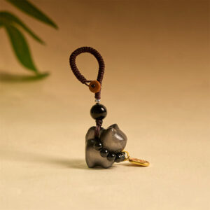 Buddha Stones Silver Sheen Obsidian Black Obsidian Gold Sheen Obsidian Cute Cat Fu Character Protection Key Chain Phone Hanging Decoration
