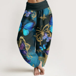 Buddha Stones Casual Butterfly Gold Pattern Women's Elastic Waist Harem Pants - DarkSlateGray - US22，UK/AU26，EU54 (6XL) - image 1