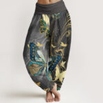 Buddha Stones Casual Butterfly Gold Line Pattern Women's Elastic Waist Harem Pants - DimGray - US22，UK/AU26，EU54 (6XL) - image 1