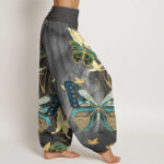 Buddha Stones Casual Butterfly Gold Line Pattern Women's Elastic Waist Harem Pants - image 2