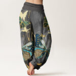 Buddha Stones Casual Butterfly Gold Line Pattern Women's Elastic Waist Harem Pants - image 3