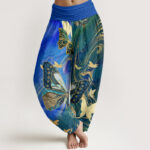 Buddha Stones Casual Butterfly Gold Line Pattern Women's Elastic Waist Harem Pants - Blue - US22，UK/AU26，EU54 (6XL) - image 8