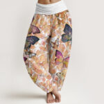 Buddha Stones Casual Vivid Butterfly Dead Leaves Pattern Women's Elastic Waist Harem Pants - White - US22，UK/AU26，EU54 (6XL) - image 5