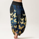 Buddha Stones Casual Golden Butterfly Pattern Women's Elastic Waist Harem Pants - image 3