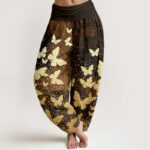 Buddha Stones Casual Golden Butterfly Pattern Women's Elastic Waist Harem Pants - SaddleBrown - US22，UK/AU26，EU54 (6XL) - image 5