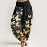 Buddha Stones Casual Golden Butterfly Pattern Women's Elastic Waist Harem Pants - Black - US22，UK/AU26，EU54 (6XL) - image 8